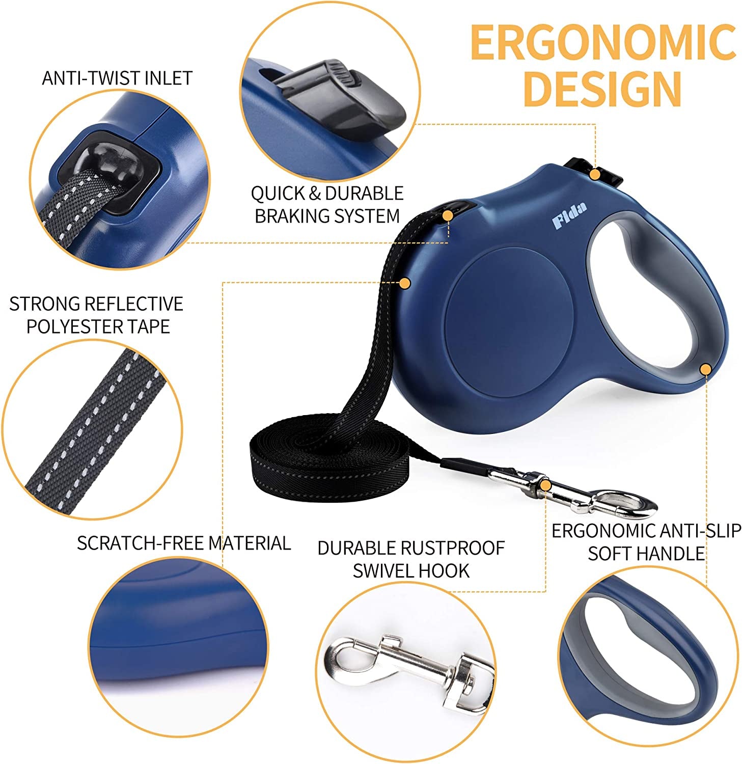 Retractable Dog Leash with Dispenser and Poop Bags, 16 Ft Pet Walking Leash for Large Dog up to 110 Lbs, Anti-Slip Handle, Tangle Free, Reflective Nylon Tape (L, Navy Blue)