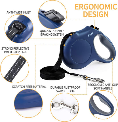 Retractable Dog Leash with Dispenser and Poop Bags, 16 Ft Pet Walking Leash for Large Dog up to 110 Lbs, Anti-Slip Handle, Tangle Free, Reflective Nylon Tape (L, Navy Blue)